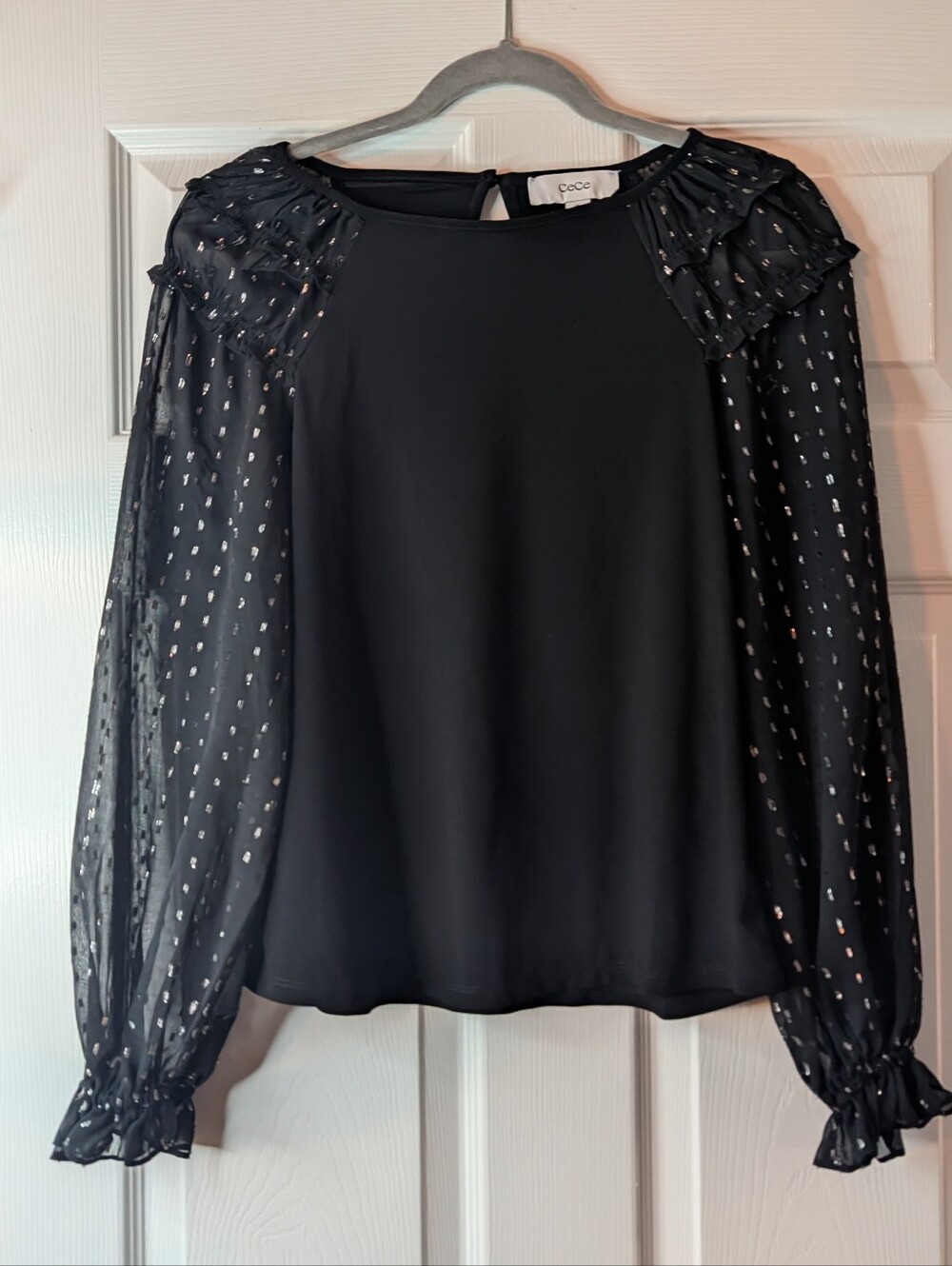 CeCe Black Metallic Swiss Dot Sheer Ruffle Sleeve Blouse Top Size Medium